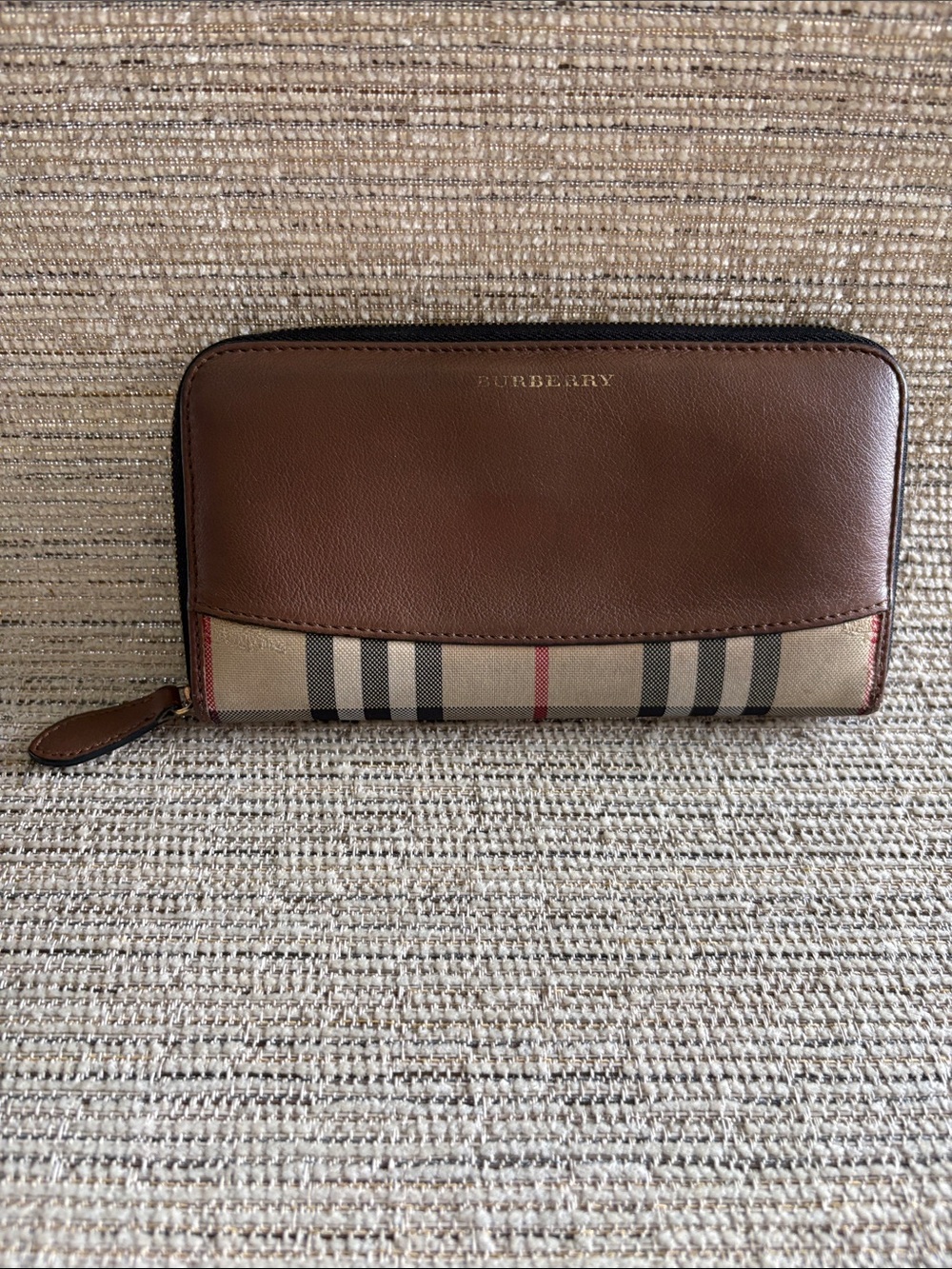 Burberry House Check Leather Zip Around Continental Long Wallet Brown EUC